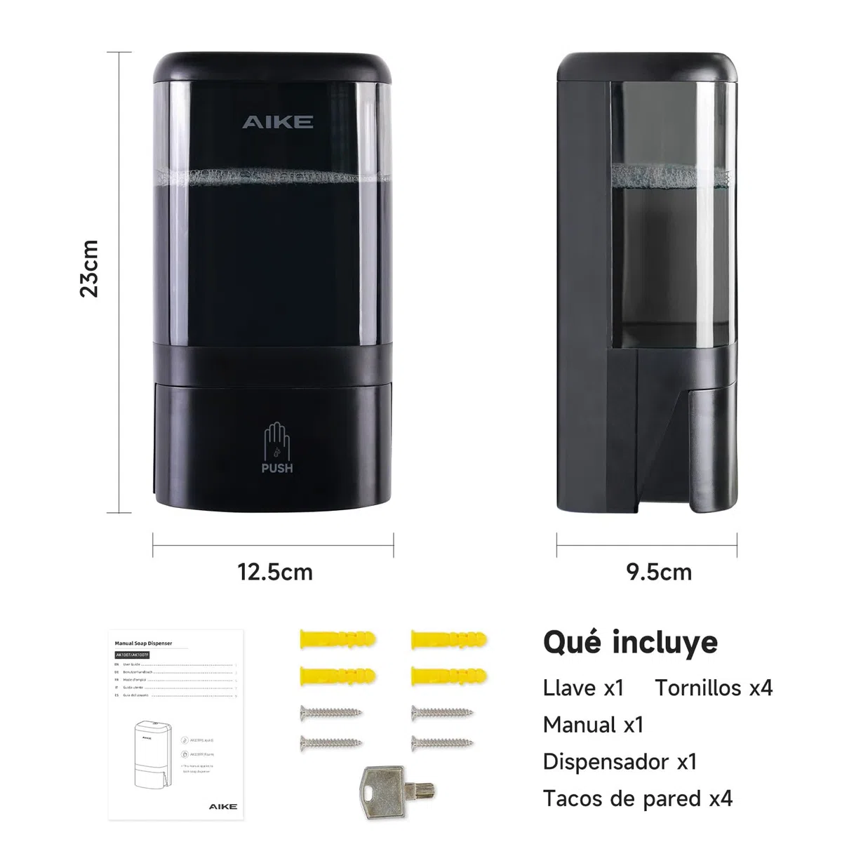 AIKE Dispensador de jabón líquido Comercial de 1200 ml, Gran Capacidad, Bomba Manual montada en la Pared con Cerradura y Ventana Transparente, Ideal para oficinas, Espacios industriales y baños