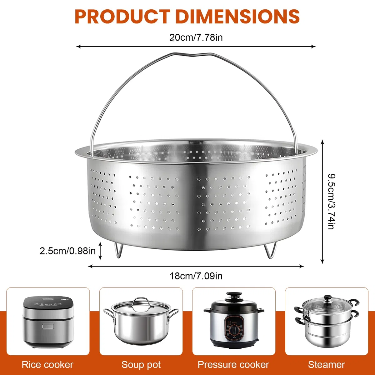 Vaporera Cocinar Vapor De Acero Inoxidable 304, Steamer For Cooking, Inserto para Olla, Colador para Ollas, Ollas De Cocina, Olla A Presión, Guisar Verduras, Frutas, Huevos, 20 Cm, Plateado
