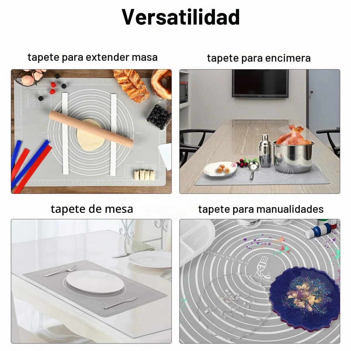 SUPER KITCHEN Tapete de Silicona para Hornear con Cortador de Masa, Tapete de Antiadherente para Amasar, Estera de Antideslizante Pastelería, Tapete para Fondant, Pasta, Pizza, Torta (Gris, 71x51cm)