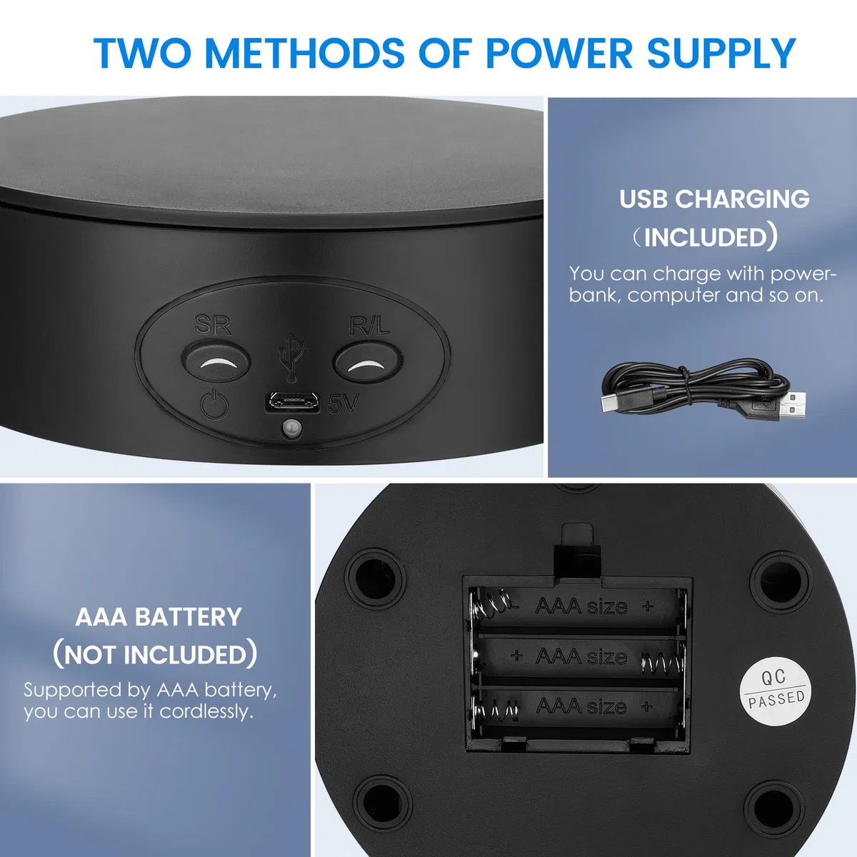 Base Giratoria Electrica, 360 Grados Plataforma Giratoria eléctrica con 13CM 5KG de Carga, Base Giratoria Fotografia con Carga USB 2 Velocidades para Exhibición de Productos Fotografía