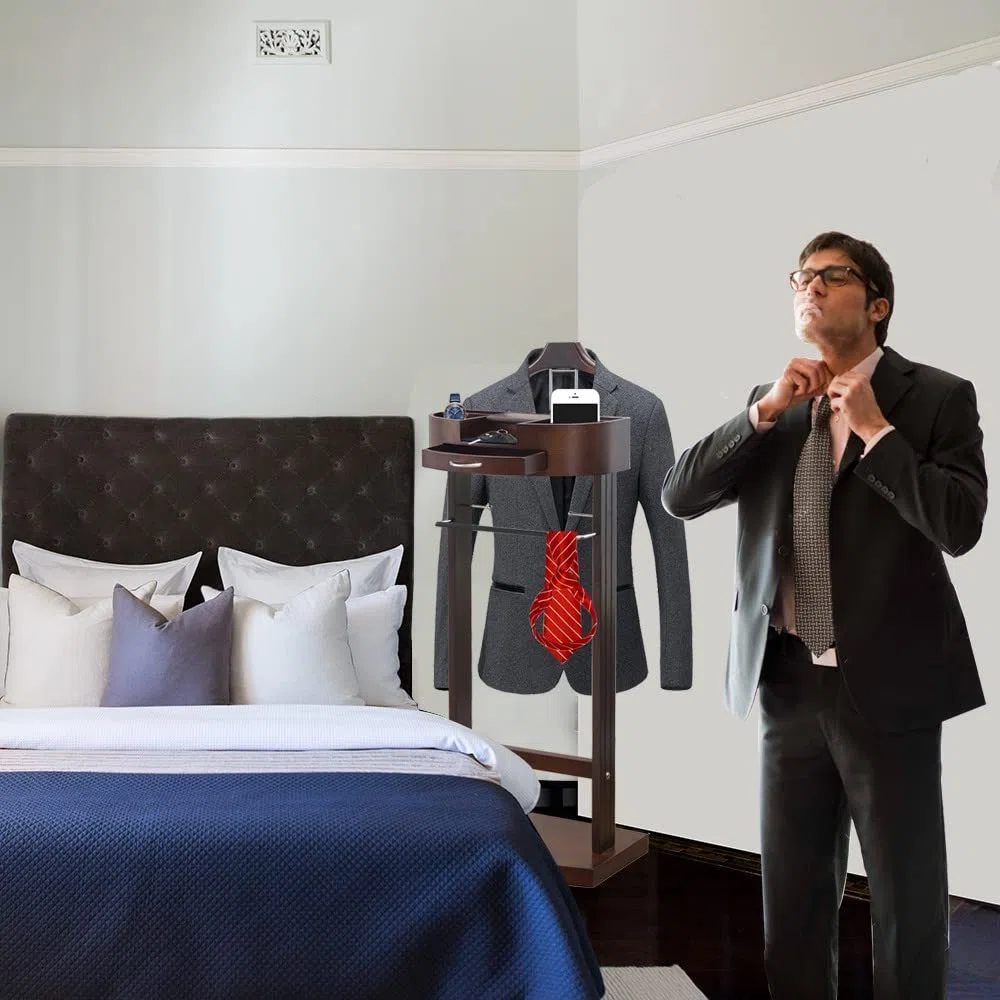 RajoNN Perchero de pie para Ropa con cajón, Almacenamiento Privado, Perchero de Madera Maciza para Trajes, Perchero para Ropa de mayordomo, para Oficina, Sala de Estar, Dormitorio, Hombres y Mujeres,