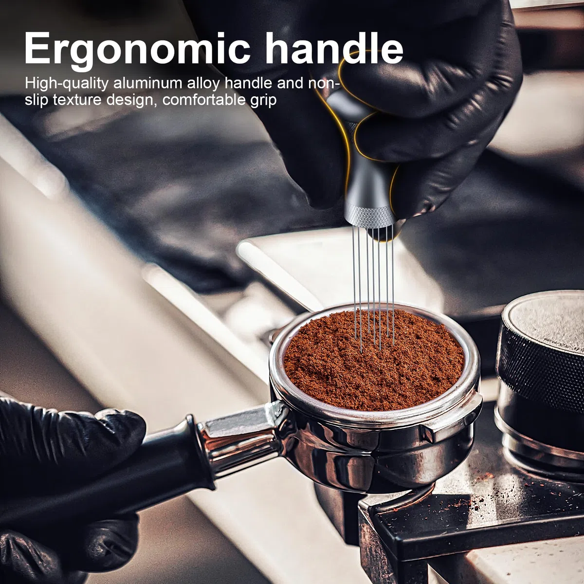Wdt Tool, distribuidor de café desmontable con soporte con 7 agujas de café expreso de 0,3 mm, herramienta Wdt de aluminio, distribuidor de café, regalos para baristas (plata)