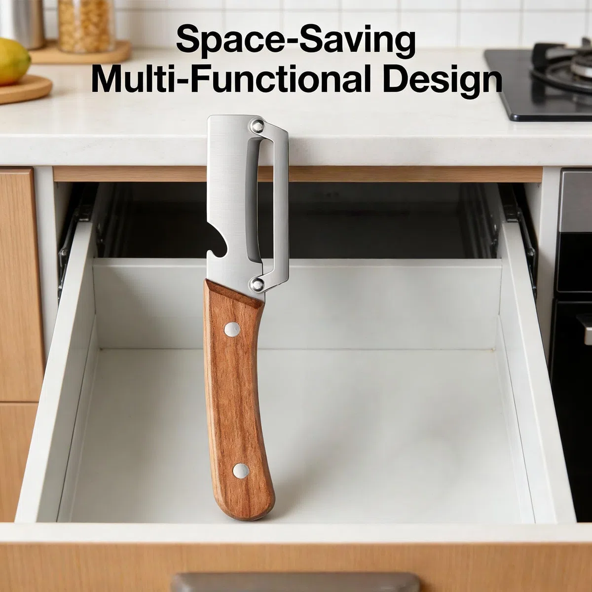Pelador Multifuncional 3 en 1 con Mango ergonómico de Madera, pelador de Patatas y Frutas de Acero Inoxidable con función de Cortador para Embutidos y Verduras (Pack de 2 Unidades)