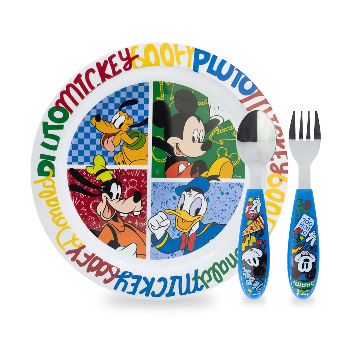 Vajilla Infantil Reutilizable Apta Para Microondas Para Niños Mickey Mouse, Juego de Desayuno para la Primera Comida Cubiertos, Tenedor, Cuchara de Acero Inoxidable y Plato, sin BPA