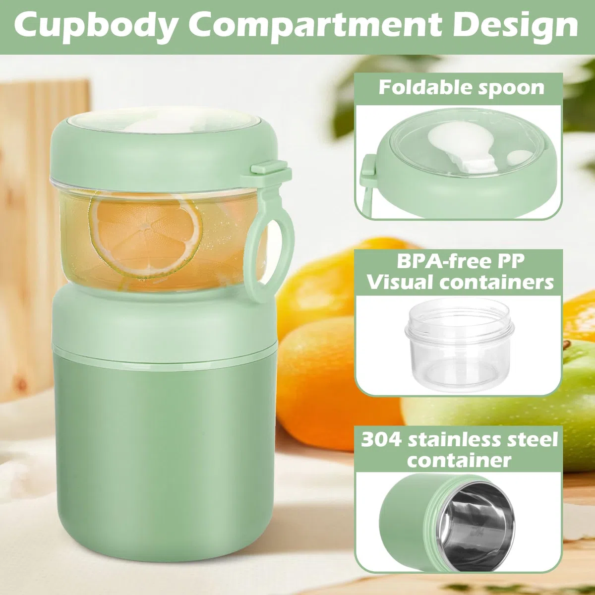 Tazón grande de acero inoxidable para cereales para llevar, taza de yogur 530 ml + 330 ml Tazón de almuerzo portátil a prueba de fugas para cereales, yogur, ensalada, arroz y avena (Verde)