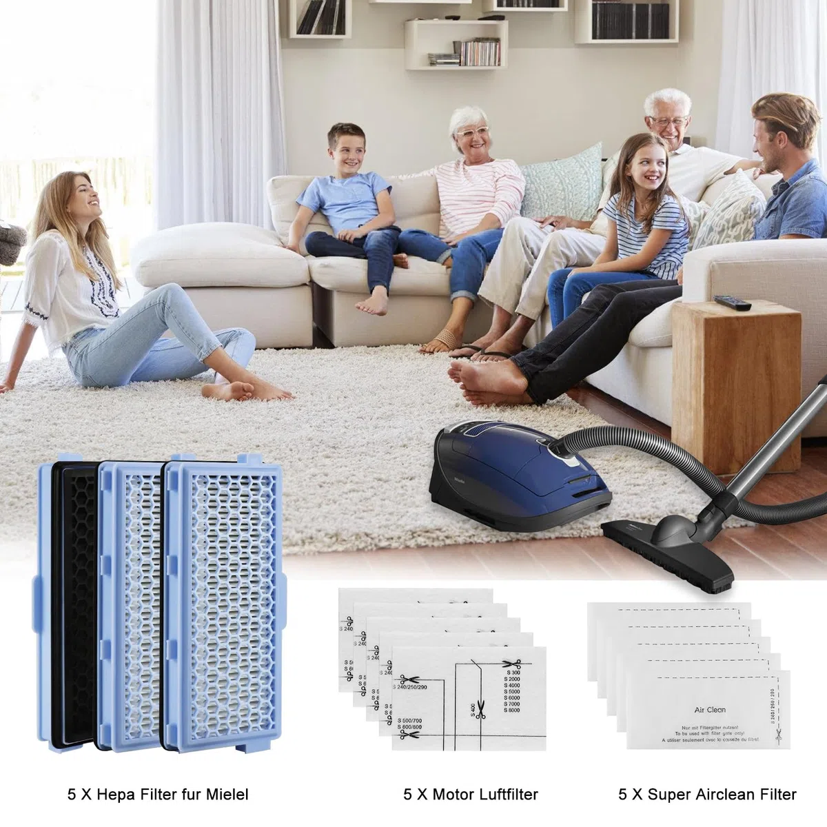 3 Juegos de Aspiradoras con Filtro Hepa para Miele Compact C1 y C2, Complete C2 y C3, S8340, Filtros Hepa para Aspiradoras con Filtro Miele, con 5 Filtros de Motor, 5 Filtros de Limpieza de Aire