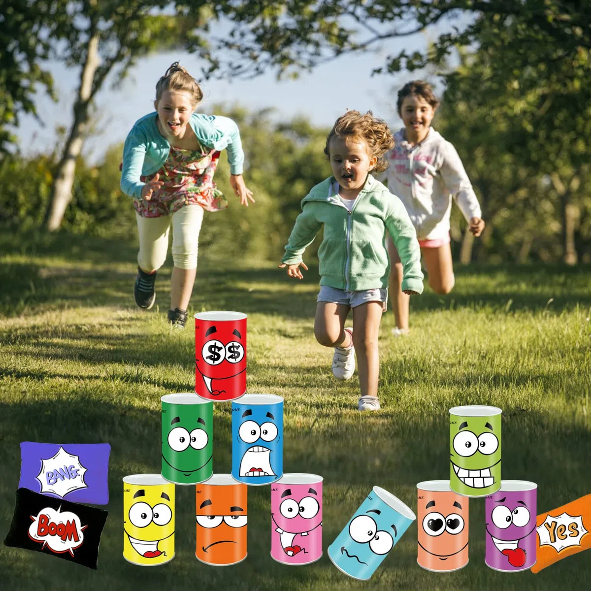 Juegos Exterior Niños Jardin, Juego de Lanzamiento, Juego Tirar Latas Punteria, 10pcs Sonreír Metal Tirar Latas + 3pcs Bolsas de Frijol + 3pcs Medalla, Callejón de Lata Juguetes para Fiesta