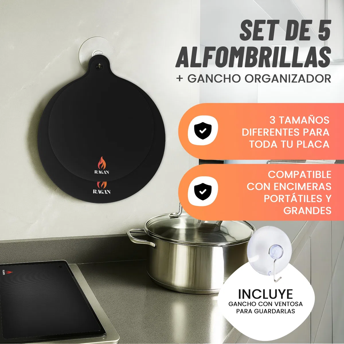 Protector Vitroceramica Inducción hasta 300ºC - Protector de Placa de Induccion Antirayaduras con 5 Piezas - Cubre Vitrocerámica con Gancho Ventosa - NO para COCINAR