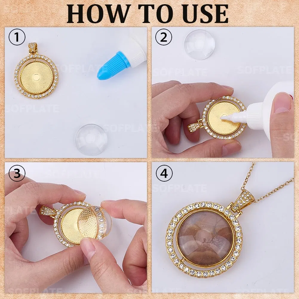 1 caja de 24 bandejas de Diamantes de Imitación para Colgantes, Bandejas de Bisel de 25mm con Cabujones de Vidrio, Cadenas de Acero Inoxidable, Bandeja Giratoria En Blanco de Doble Cara para