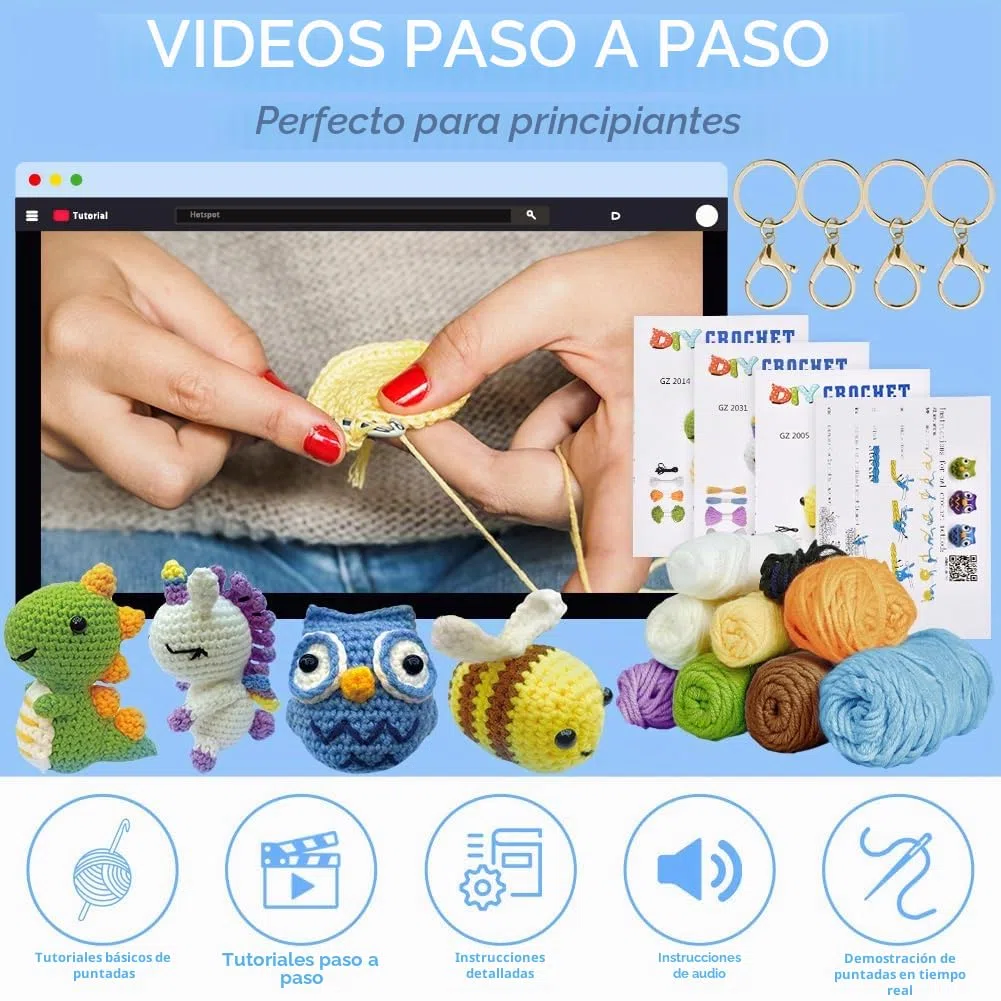AUAUY Kit de Ganchillo para Principiantes, Juego de Animales de Ganchillo para Principiantes de 4 Piezas, Hilo, Ojos, Relleno,con Tutoriales en Video Paso a Pas, Perfecto para DIY y Tejido a Mano