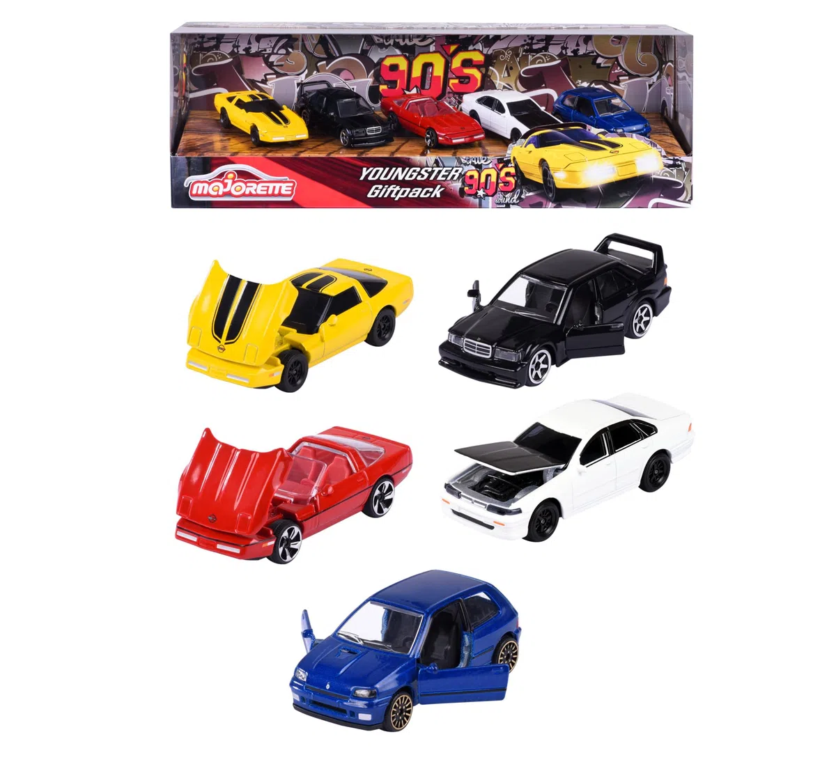 Majorette - Pack de 5 Coches de Metal "Los Jóvenes '90", Escala 1:64, 7,5cm, Edición clásicos años 90, A Partir de 3 Años (212052021)
