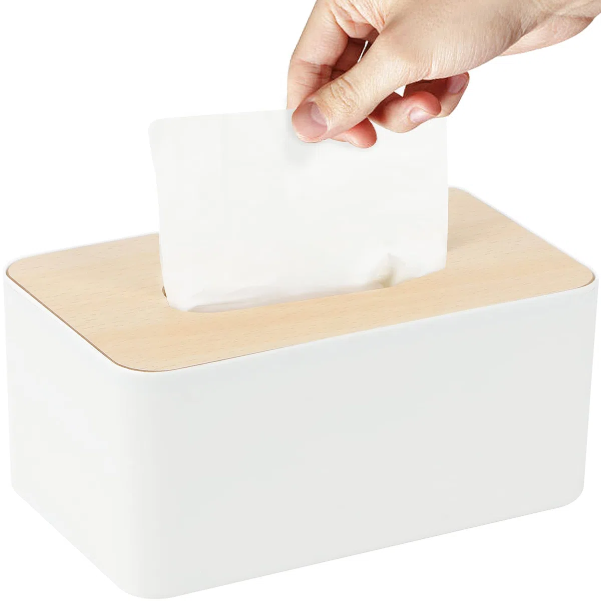 Caja para pañuelos, Caja Pañuelos Papel con Tapa de Bambú, Dispensador de Pañuelos de Papel para Baño, Salones, Coche, 21x13x10cm (Blanco)