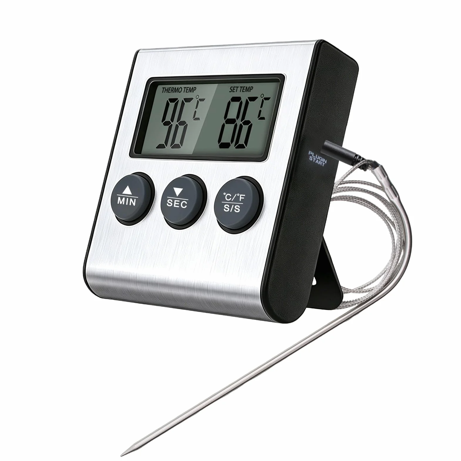 Termómetro Digital para Carne y Barbacoa con Pantalla LCD Grande, Sonda de Acero Inoxidable y Temporizador, Termómetro de Cocina paraHorno, Ahumador, Parrilla y BBQ