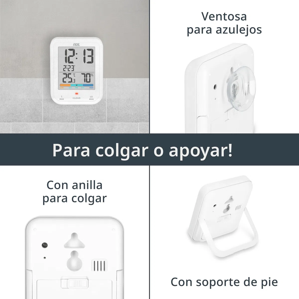 ADE Reloj de baño Digital con higrómetro y termómetro | Resistente al Agua IP65 | Temporizador de Ducha | Gran Pantalla LCD | función de Cuenta atrás