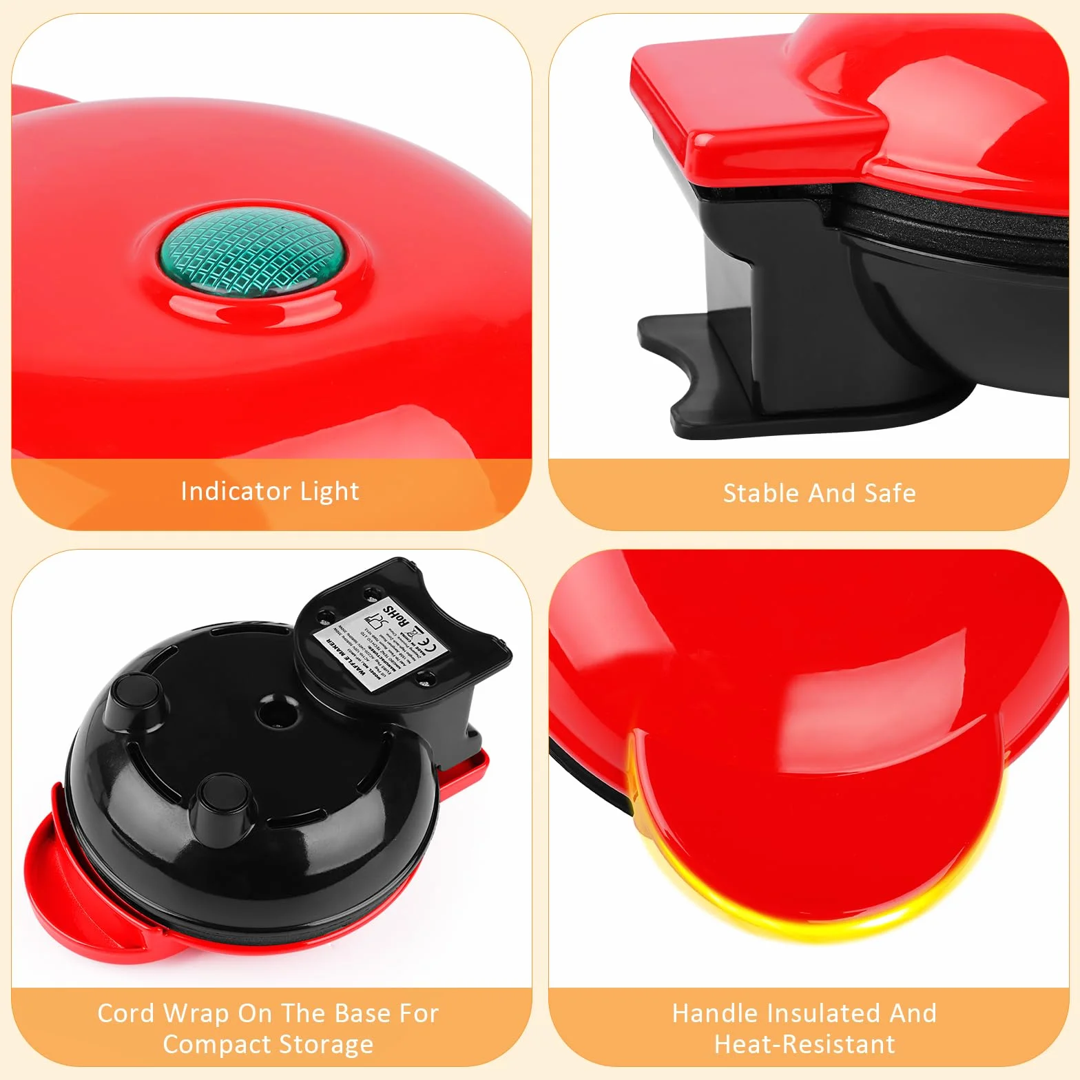 LWMTT Mini gofrera belga, diámetro 10 cm, 220 V | 350 W, clásica, calefacción de doble cara, gofrera de burbujas, una persona, compacta, adecuada para excursiones, color rojo