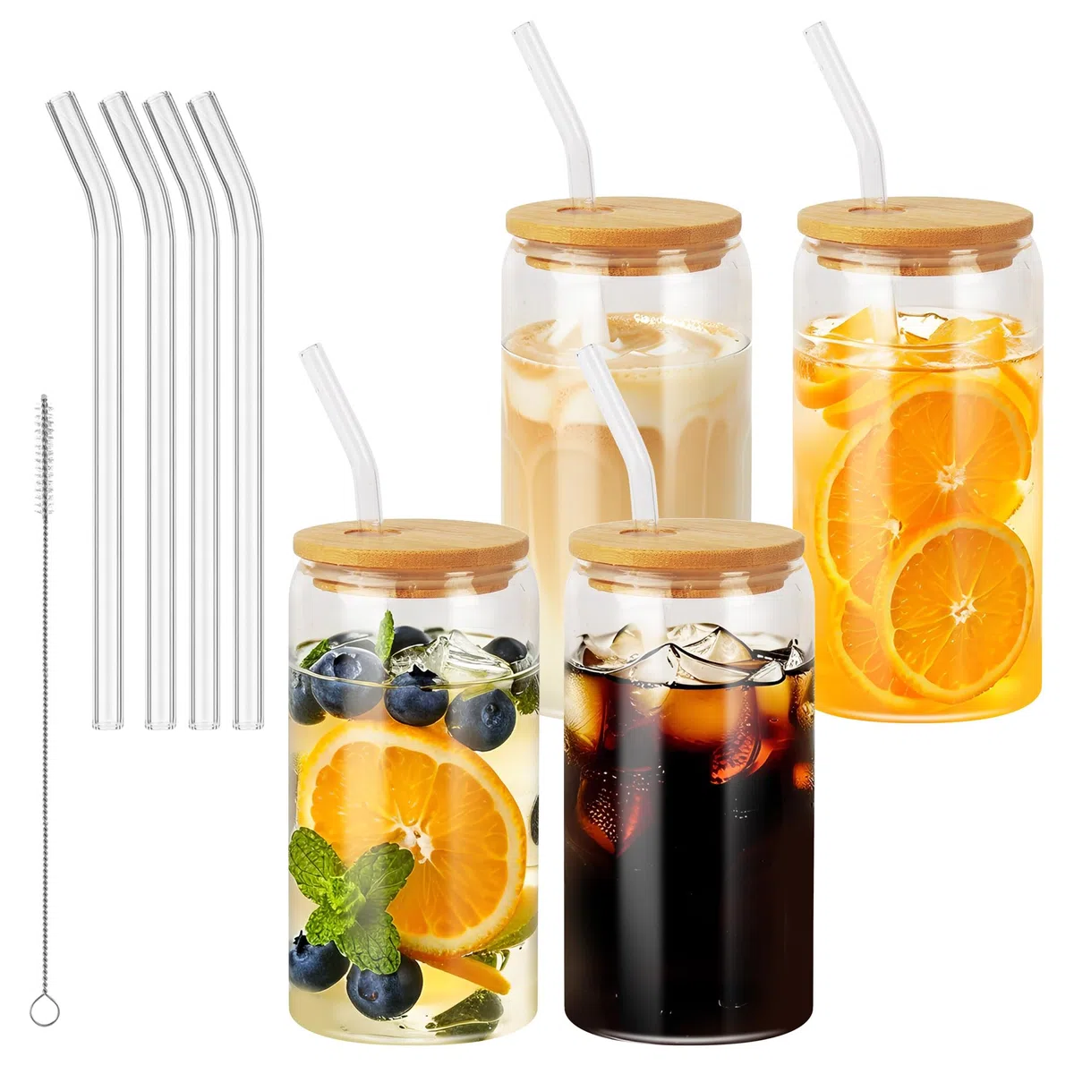 Nuangoo 4 Piezas 500 ml Taza de Té Burbuja con Tapa y Pajita, Vasos para Beber con Tapas de Bambú y Popotes,Vaso de Cristal para Batidos, Latte, Macchiato, Whisky