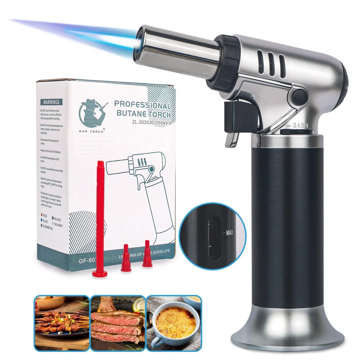 VORHOT Soplete de Cocina, Ajustable y Recargable Soplete Gas con Cerradura de Seguridad, Profesional Antorcha Butano Encendedor para Barbacóa Brulée Crema Cámping DIY(Gas No Incluido)