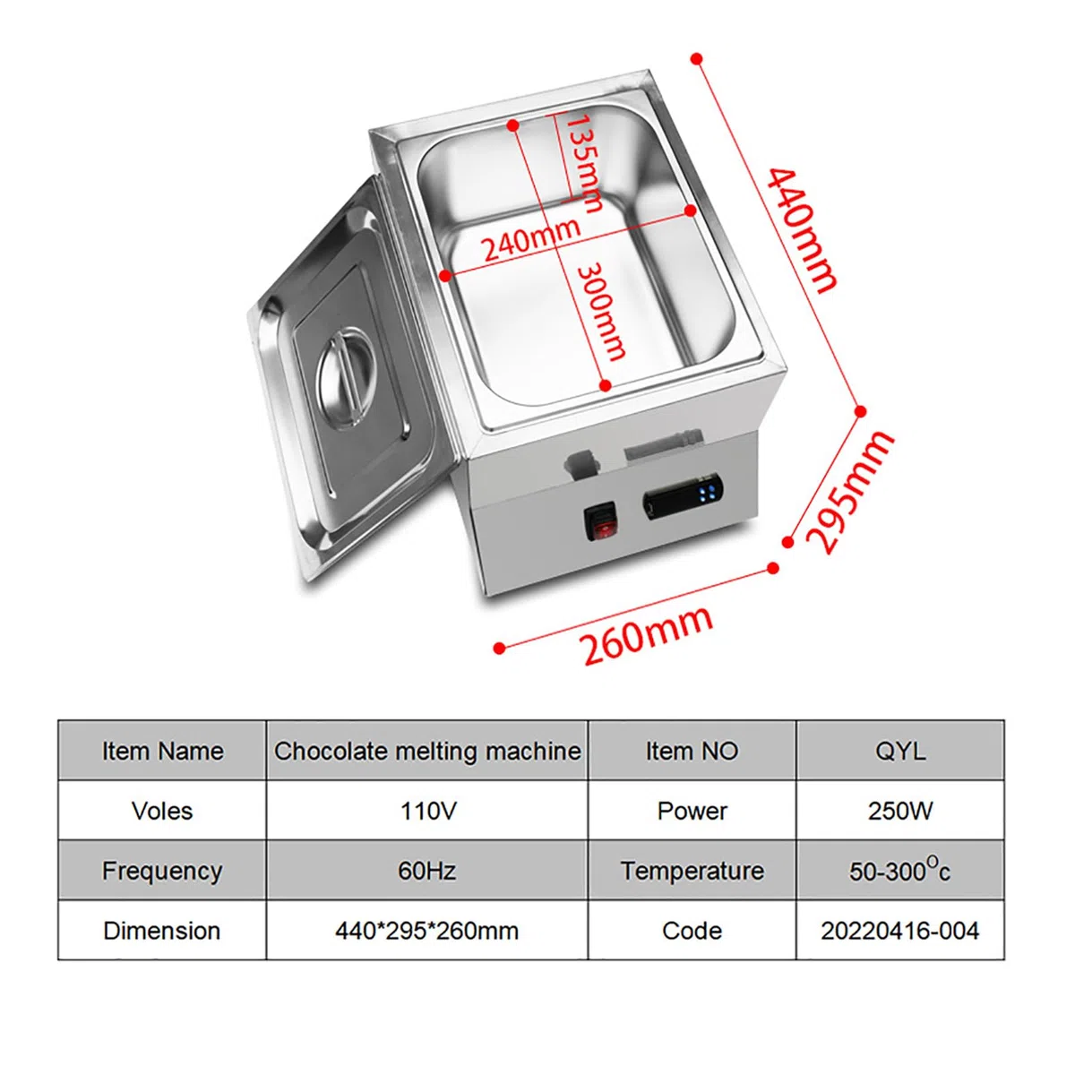 Máquina eléctrica de fusión de chocolate, olla de fusión de templado con control de temperatura (50-300 ℃), ideal para aperitivos, camiones de comida móviles y puestos callejeros