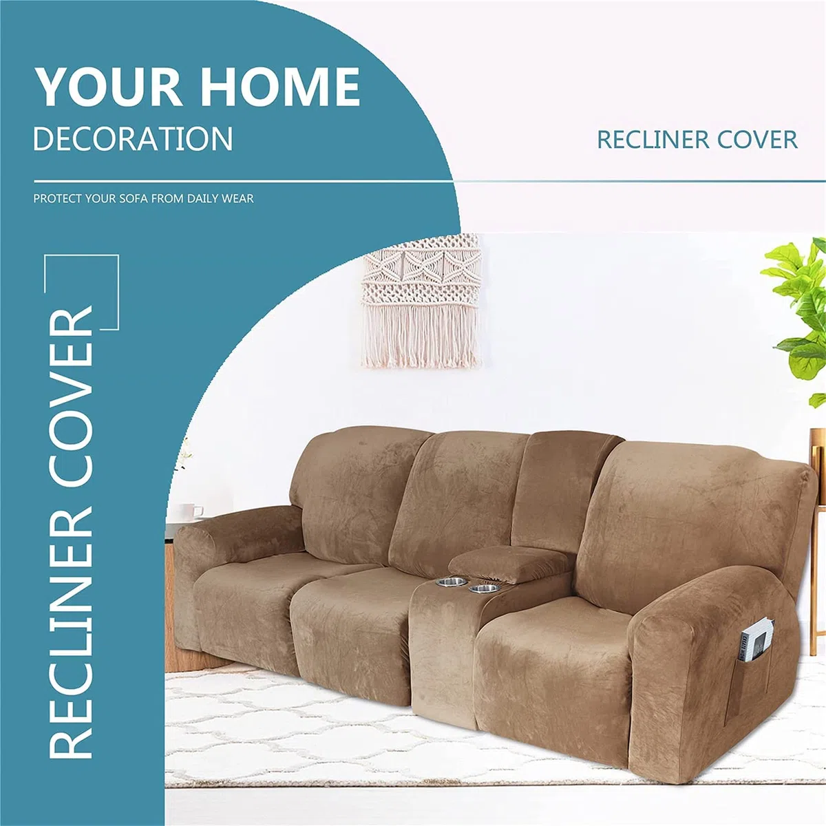 Funda reclinable elástica de Terciopelo con Consola - Tela Lavable Suave y Gruesa - Color Arena de 2 a 3 plazas - ¡Proteja su sofá reclinable con Esta Funda reclinable Premium contra el Desgaste Dia