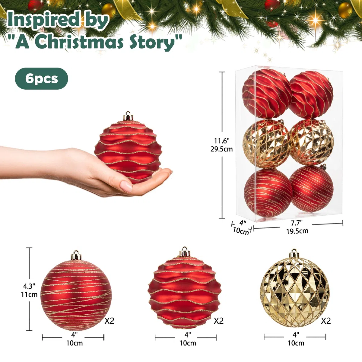 Hollyone Bolas grandes de 10 cm, 6 decoraciones de árbol de Navidad rojas y doradas, adornos colgantes gigantes para decoración de árbol de fiesta de boda