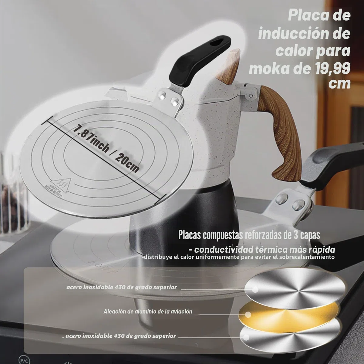 Adaptador de Placa de Inducción de 20 cm para Cafeteras y Utensilios de Cocina - Disco de Difusión de Calor de Acero Inoxidable para Uso en Placas de Inducción