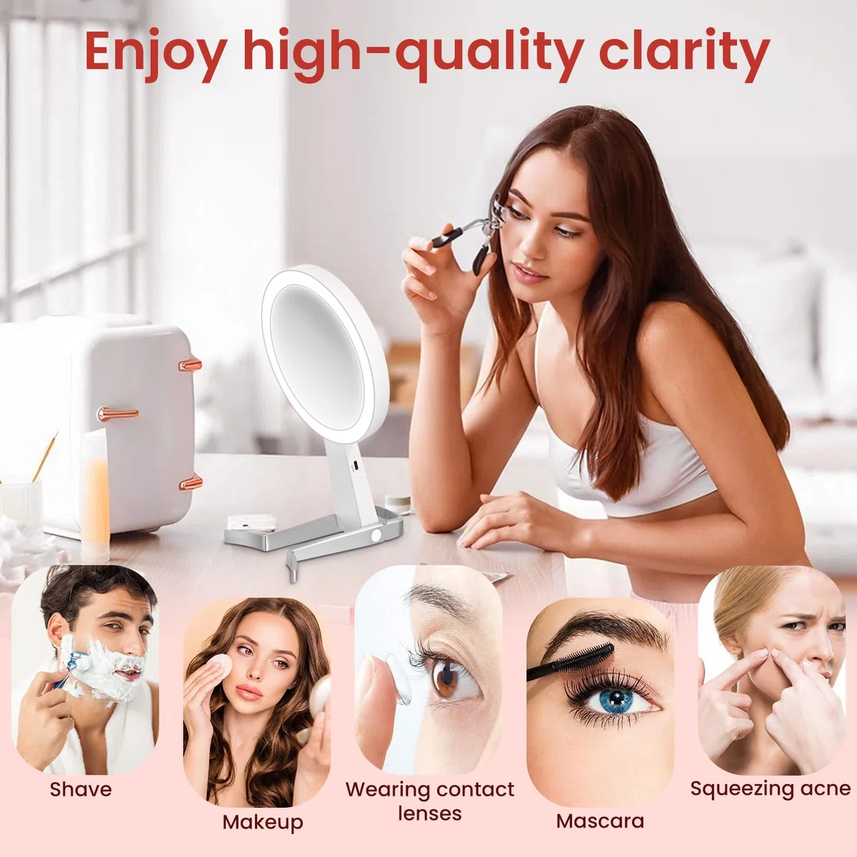 Espejo Maquillaje con Luz, 1X/10X de Doble Cara Espejo Tocador con Luz, Espejo Maquilhagem con 3 Modos de Iluminación, Espelho Luces Maquillaje con Aumento,USB,Sobremesa,Portátil para Viajes