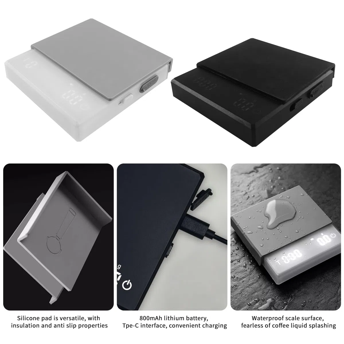 QUMOX Báscula de Café Digital Negra con Temporizador, Modos Inteligentes para Espresso y Pour-Over, Recargable por USB-C, Alta Precisión, Alfombrilla de Silicona Gris Resistente al Calor