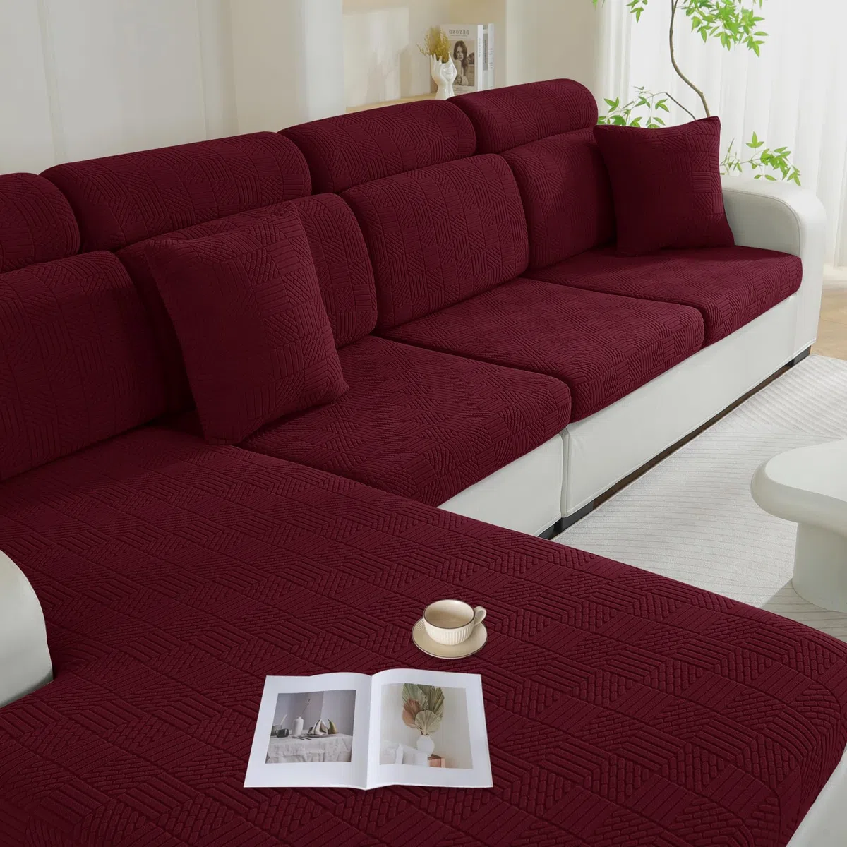 Ystyle Funda Asiento Sofa Ajustable, Alta Extensible Funda Sofa Cojin Separado, Antideslizante, Universal, Lavable, Protector de Muebles para Perros y Mascotas (Chaise Longue, Burdeos Rojo)