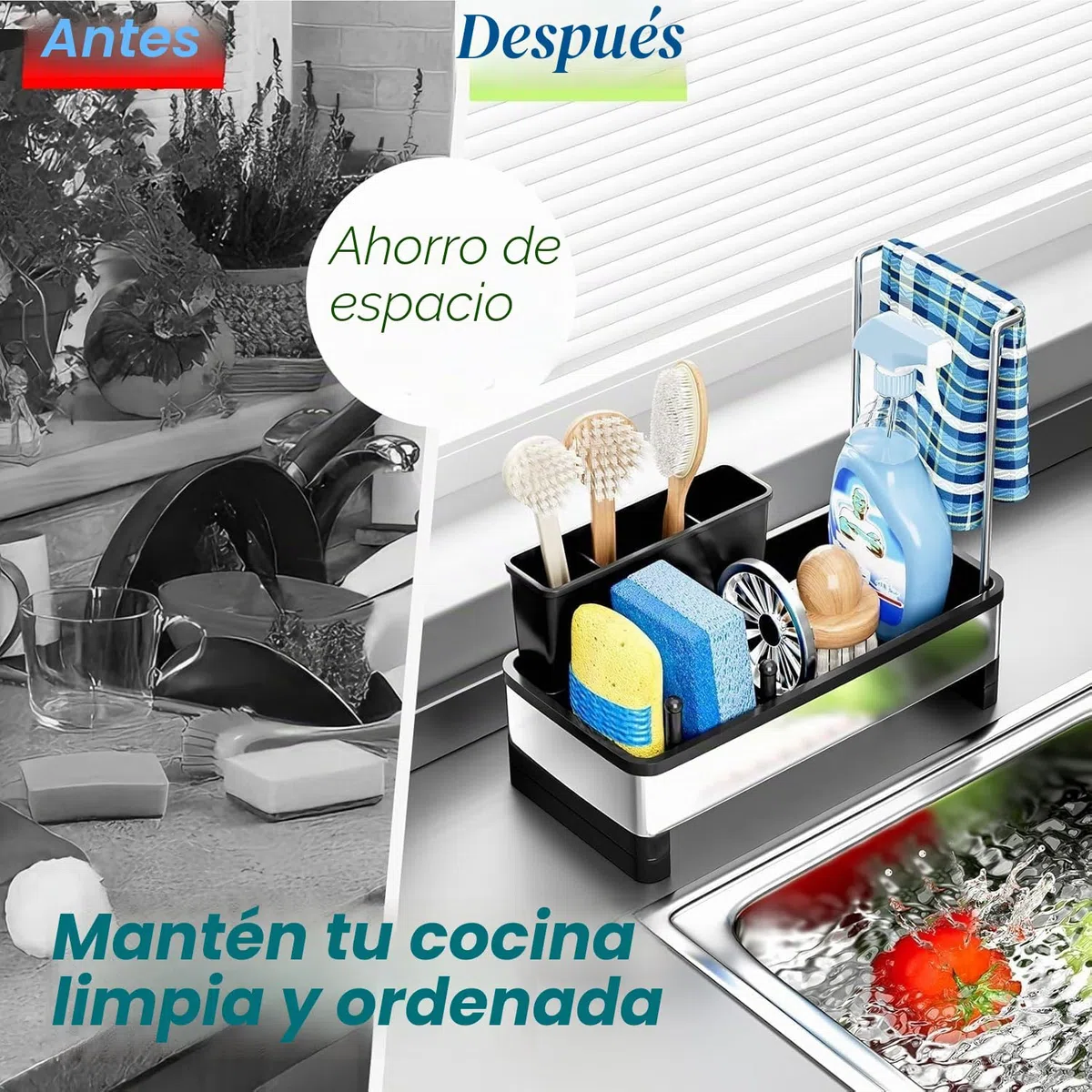 Organizador Cocina, Organizador Fregadero con Bandeja de Drenaje Autodrenante para Soporte de Esponja, Toallero, Soporte para Paños Cocina Accesorios para lavabo del Baño (Negro)