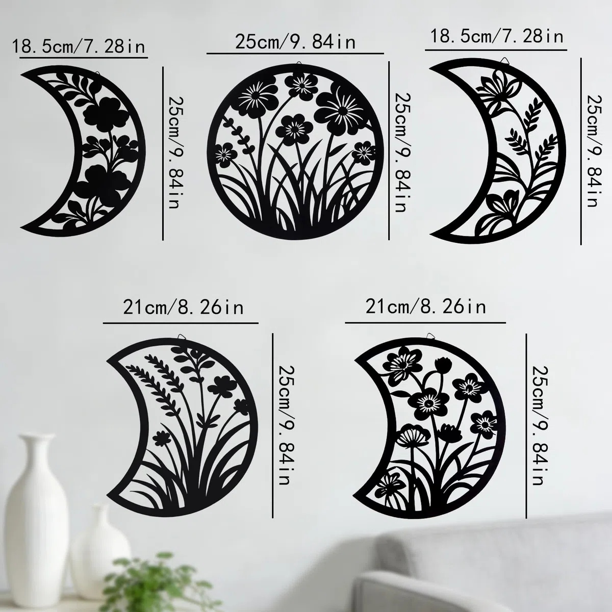Larber 5PCS Metal Negro Fase de la Luna Muro Decoración 18-25CM Fase de la Luna con Siluetas Florales y de Hierbas Boho Arte Estético Lunar para Dormitorio Regalo Baño Restaurante Pared