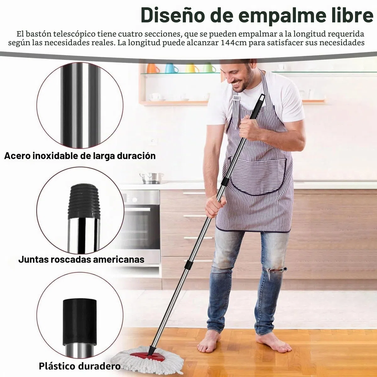 HASLED Pértiga Telescópica de Limpieza 147cm - Acero Inoxidable - 4 Secciones Ajustables - Compatible con Accesorios de Limpieza - Para Cristales, Piscinas y Techos