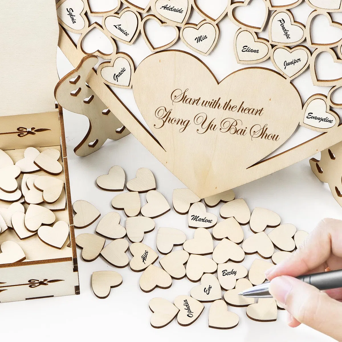 Libro de visitas para boda personalizado de madera, con corazones, alternativa con base, caja de almacenamiento y 100 tarjetas de firma de corazón de madera, decoración de boda