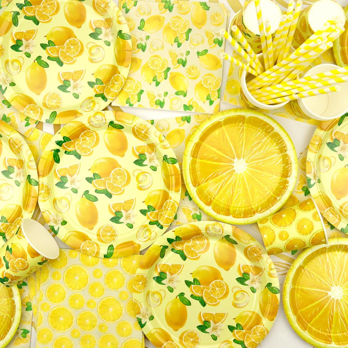 Decoración de fiesta de limón – Vajilla de fiesta de cumpleaños de limón, incluyendo platos, vasos, servilletas, manteles, pajitas, para 20 personas (amarillo)