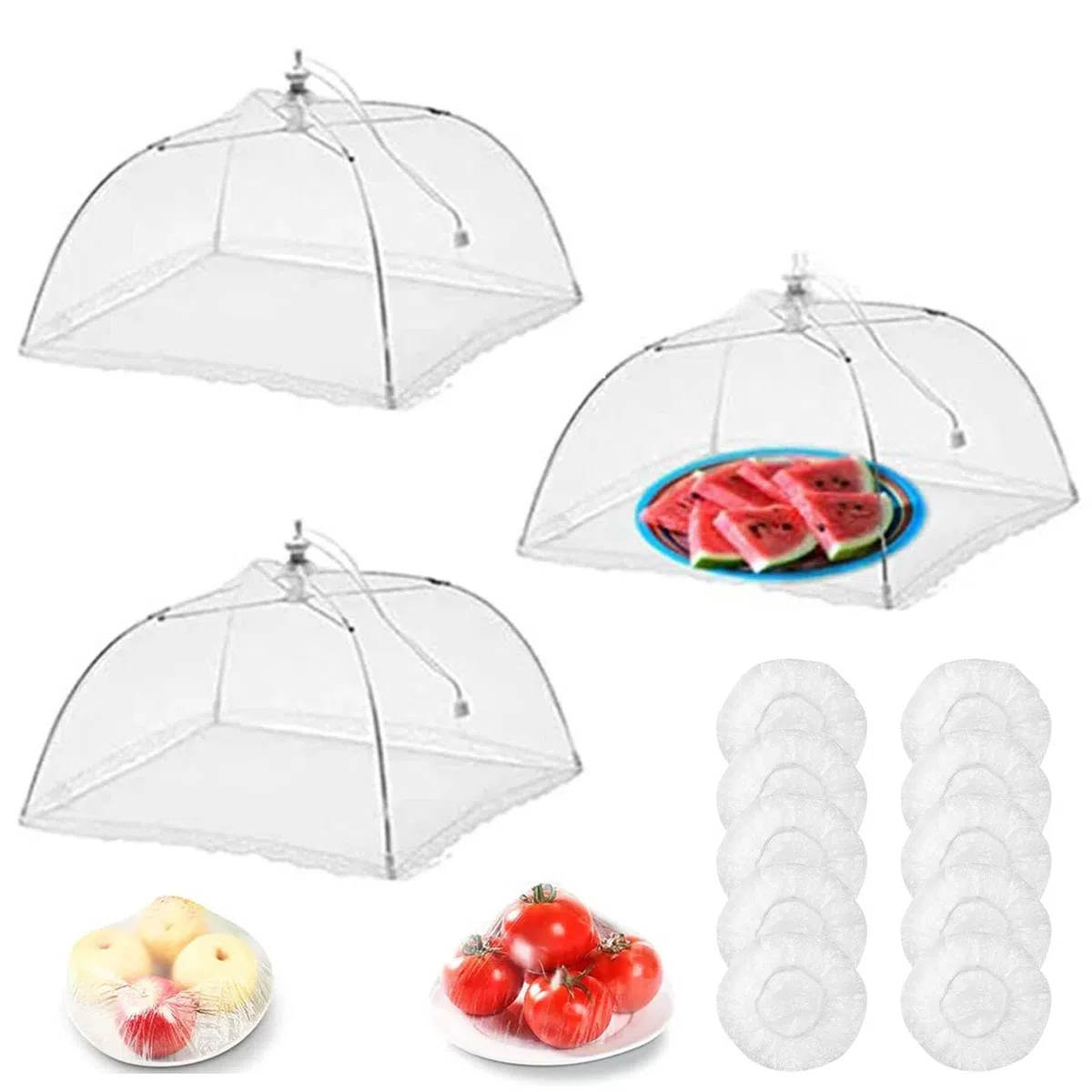 TMRBBesty Mosquitera Comida,Cubierta Protectora Alimentos Fresca,Cubierta de Malla Plegable para Alimentos,Campanas Plegables para Comida,Llevar 10 envolturas plásticas para Evitar Mosquitos,3 Piezas