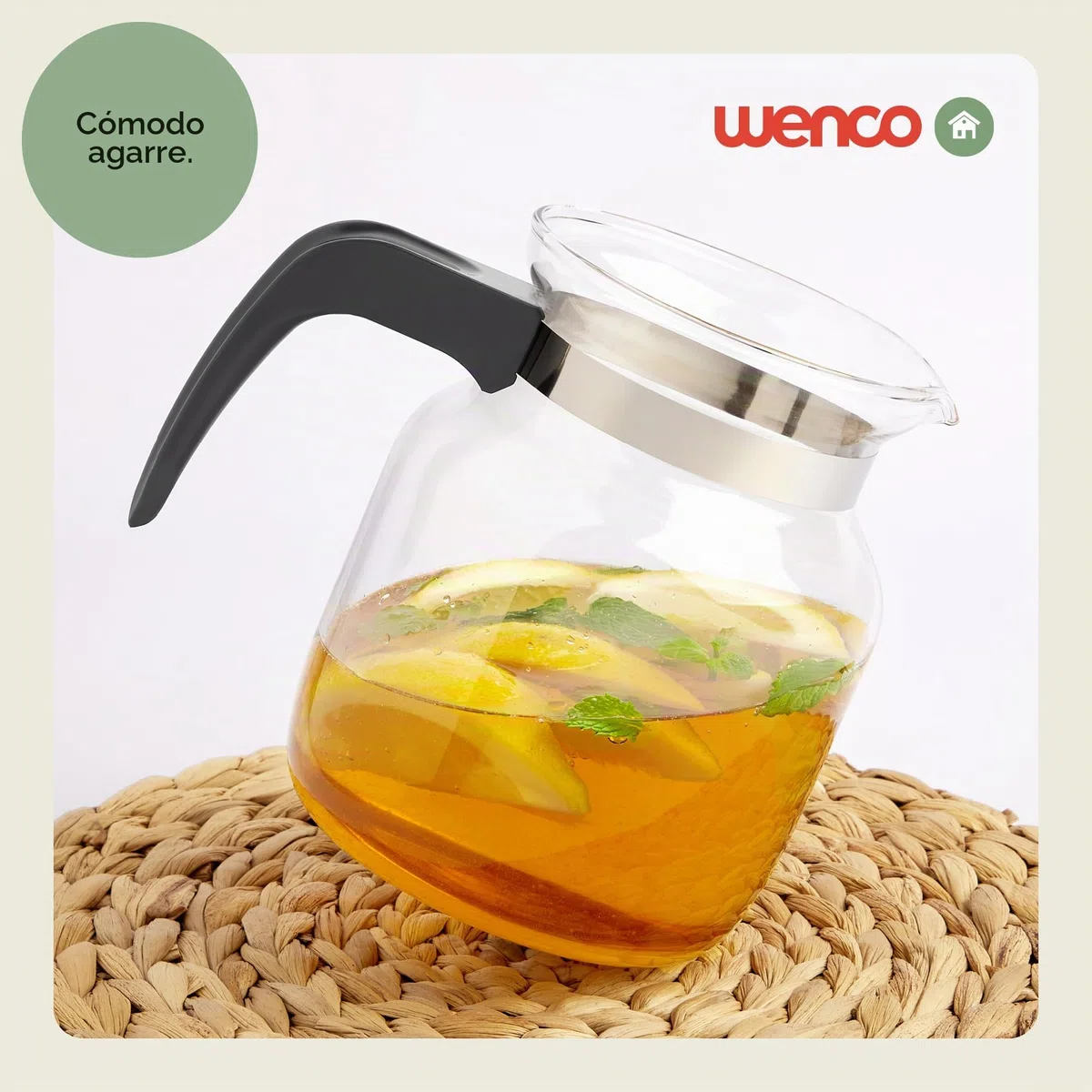 wenco Jarra de cristal de 1,25 l, ideal para té, café y bebidas frías, resistente al calor, con tapa y boquilla de apertura, apta para lavavajillas e irrompible, transparente/gris