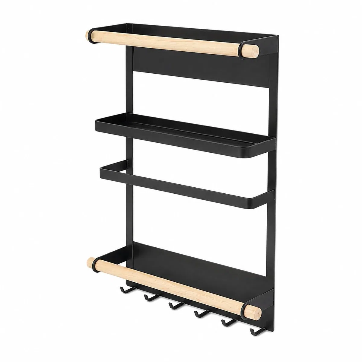 Estantería Magnética para Especias 2 Niveles con 6 Ganchos, Organizador de Cocina Negro Mate, Compacto y Funcional 26,5x18x19 cm, Ahorra Espacio y Ordena Fácilmente