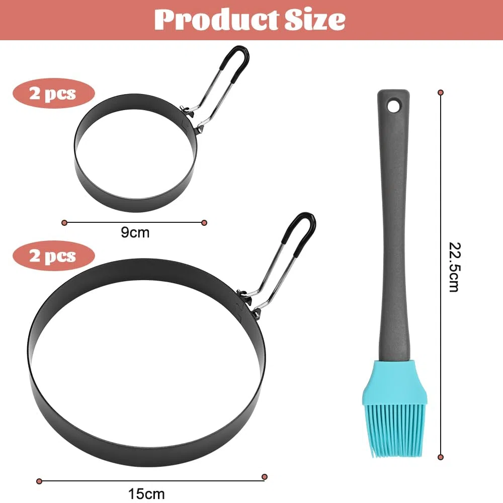 CAREDGO Moldes para Huevos Fritos, 4 Anillos de Huevo Antiadherentes de Acero Inoxidable y 1 Cepillo de Silicona Moldes para Tortillas Redondos de 9 cm y 15 cm para Hacer Desayuno Almuerzo