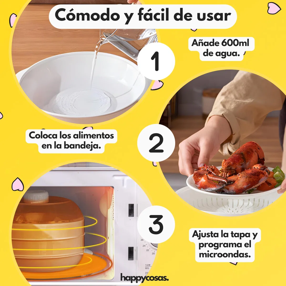 Vaporera Microondas 1,2L con Regulador de Vapor – Vaporera para Microondas para Verduras, Pescado y Carne – Cocina al Vapor Fácil y Rápida – HappyCosas