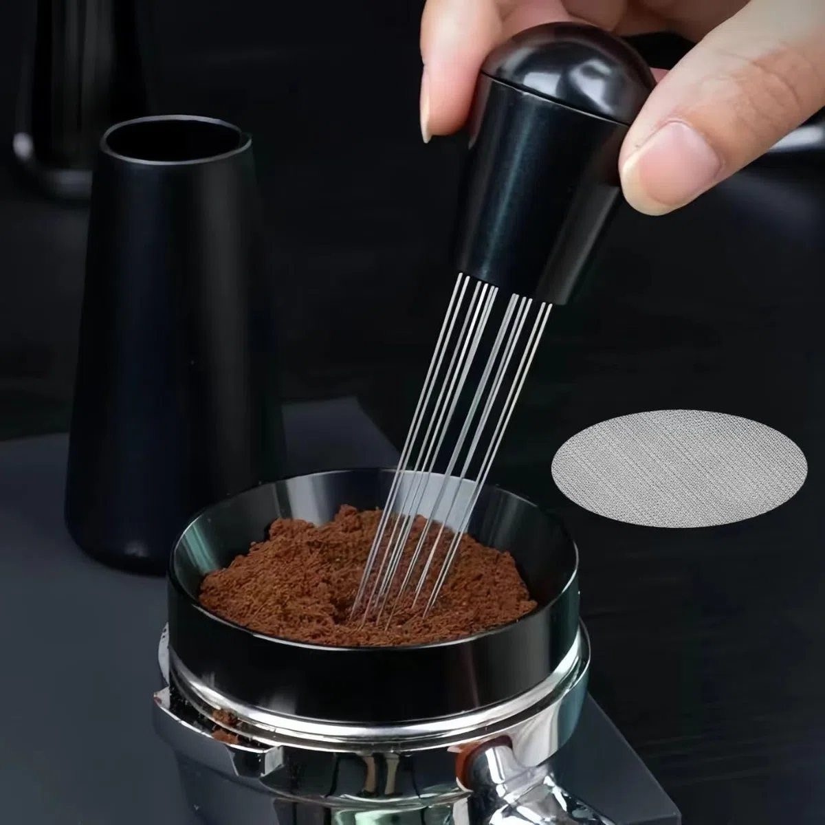 Juego de accesorios para portafiltro: herramienta WDT con 12 agujas finas, anillo dosificador magnético y pantalla de disco de acero inoxidable 304 - herramienta para café expreso para barista (58mm)