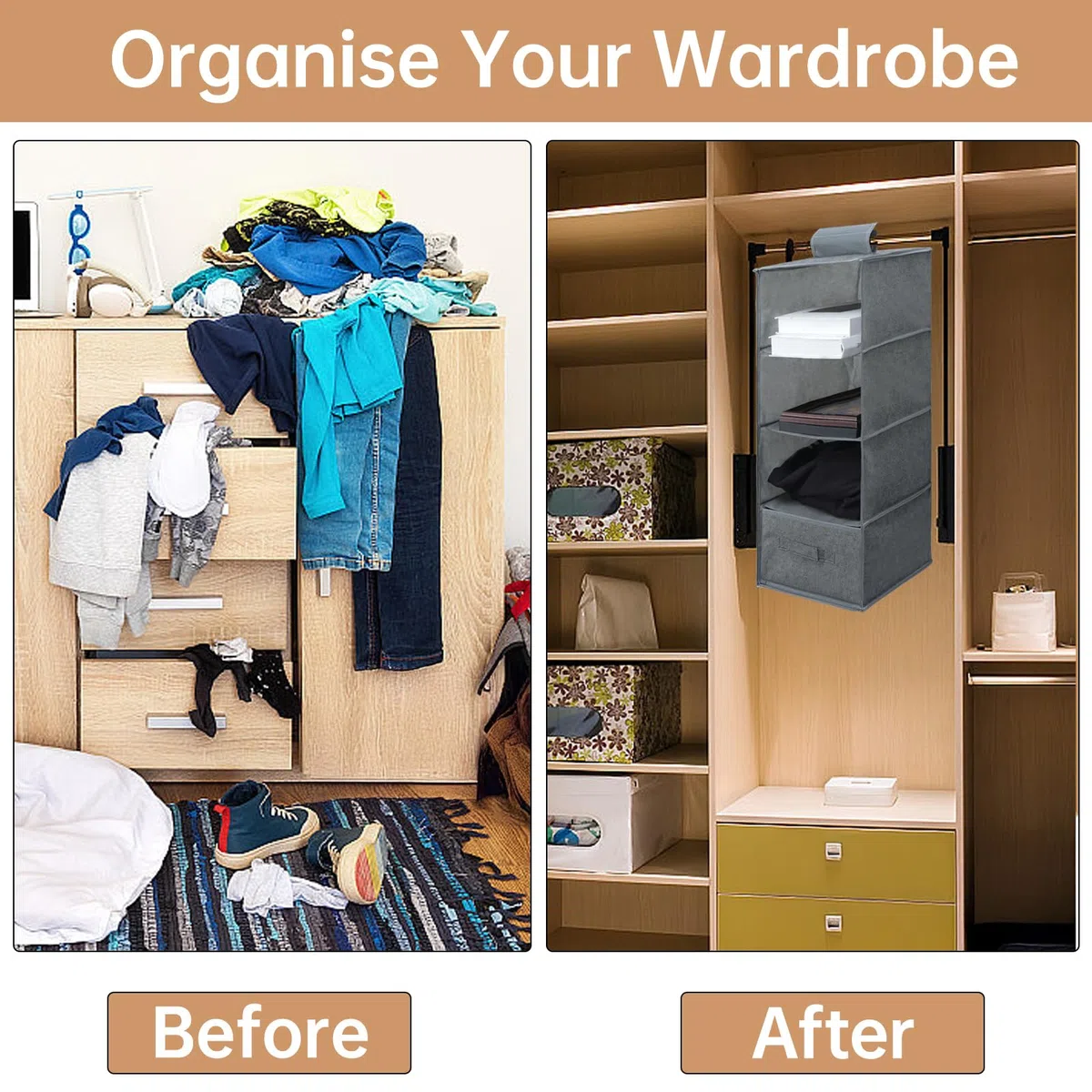 Organizador Armario Colgante con 4 Compartimentos, Organizador de Armario con 1 Cajón, Lavable Baldas Armario Interior, Arrumacao Roupeiro para Dormitorio Caravana Camping (Gris)