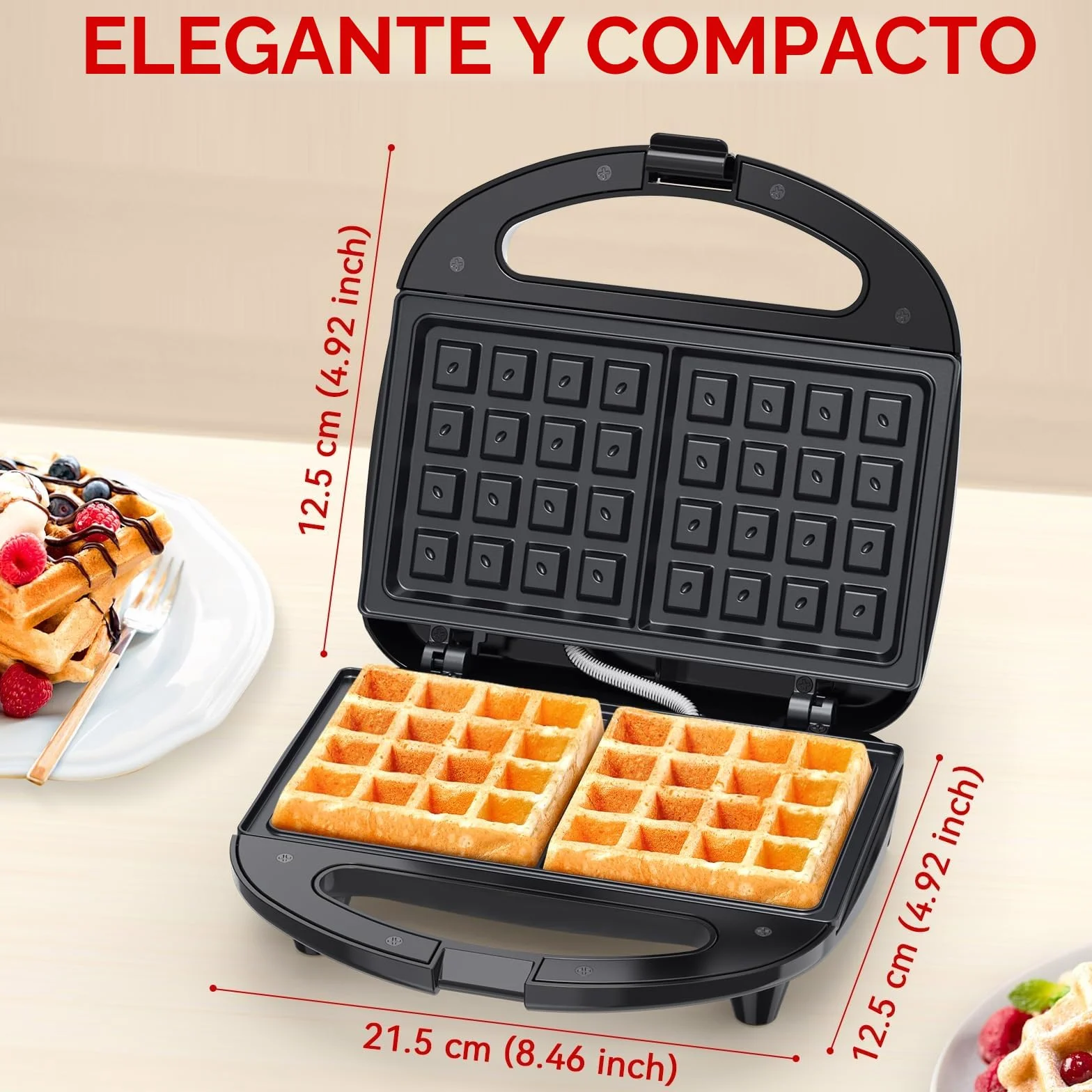 Snailar Gofrera, Maquina de Gofres Elegante & Compacta 750W - 2 Ranuras Cuadradas - Antiadherente, Fácil de Limpiar, ¡Para Gofres Dorados y Crujientes