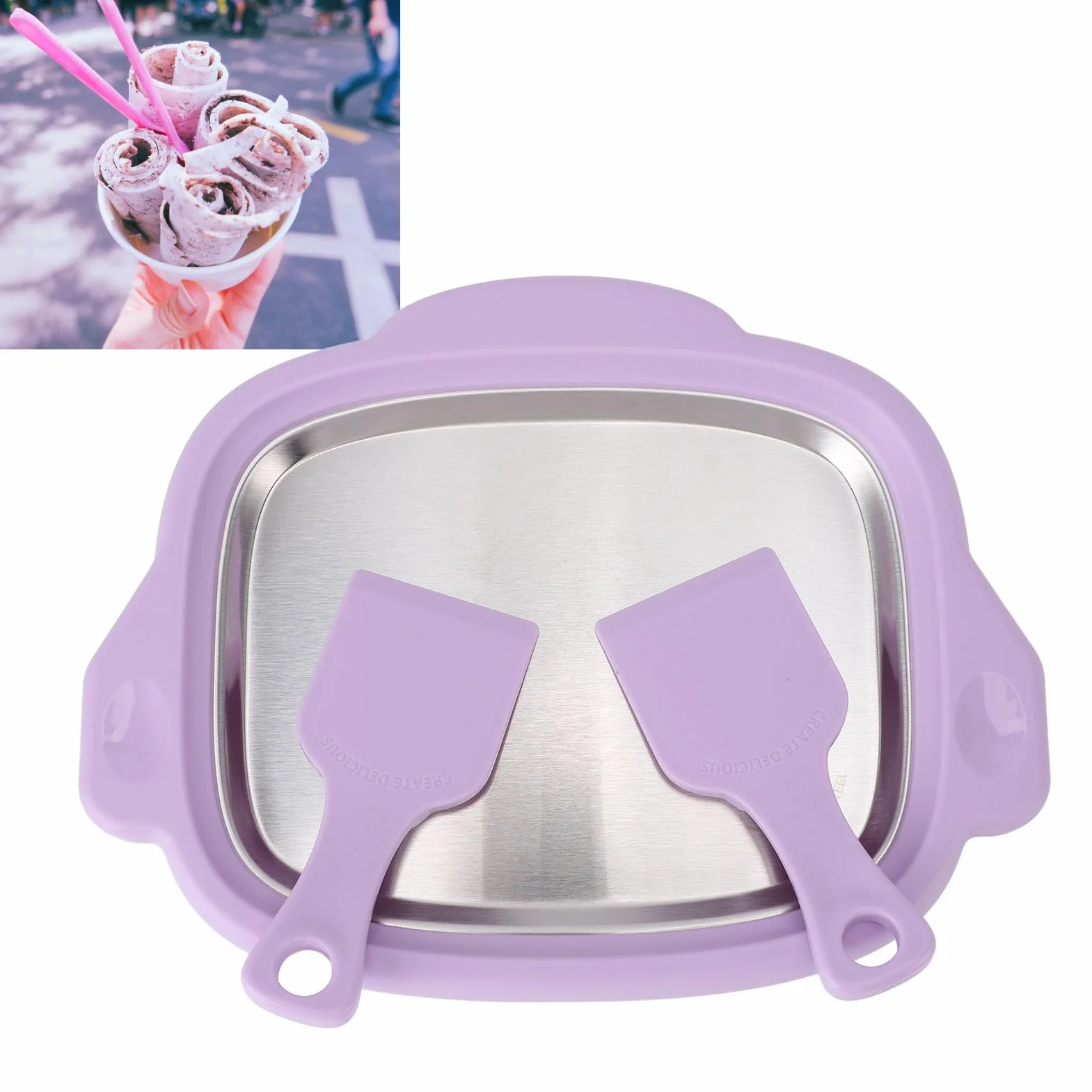 Máquina para hacer helados enrollados, mini placa de rollo congelable de acero inoxidable, rodillo de yogur helado con bandeja congelable y 2 raspadores para niños, helados caseros, slushies, yogur