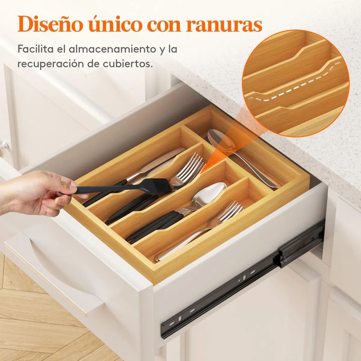 Lifewit Bandeja para Cubiertos, Organizador Cajones de Cubertos de Bambú, Cocina Organizador de Cubertería Compacto para Cucharas, Tenedores, Utensilios, Cuchillos, 5 Compartimentos, Natural
