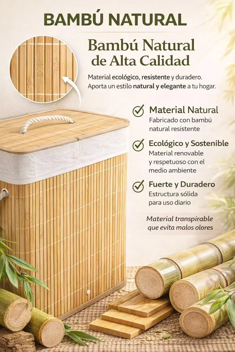 Cesto Para Ropa Sucia, Pongotodo con Tapa Separada Individualmente y Asas, Bolsa Lavable Extraíble, Cesta de Bambú Para Ropa (Retangular)