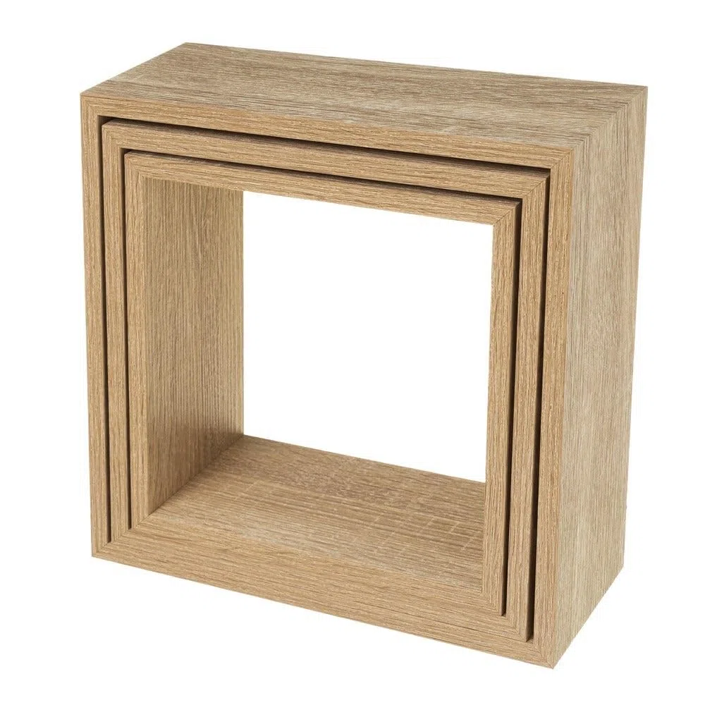 Set de 3 Estantes de Pared Cuadrados Roble Claro de 30x30, 27x27 y 24x24 cm. Fabricados en MDF Laminado PVC. Peso Máximo Soportado 5 Kg. Diseño Flotante. Requiere Montaje