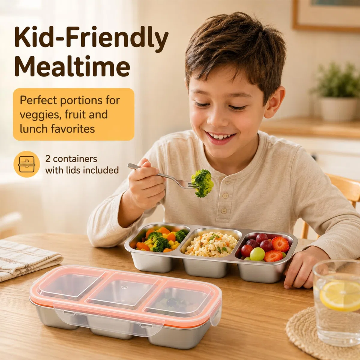 Pack de 2 cajas para snacks con 3 compartimentos, inox 600 ml, tapa antifugas, apta lavavajillas. Para niños, colegio, oficina, camping, fruta, ensalada, aperitivos