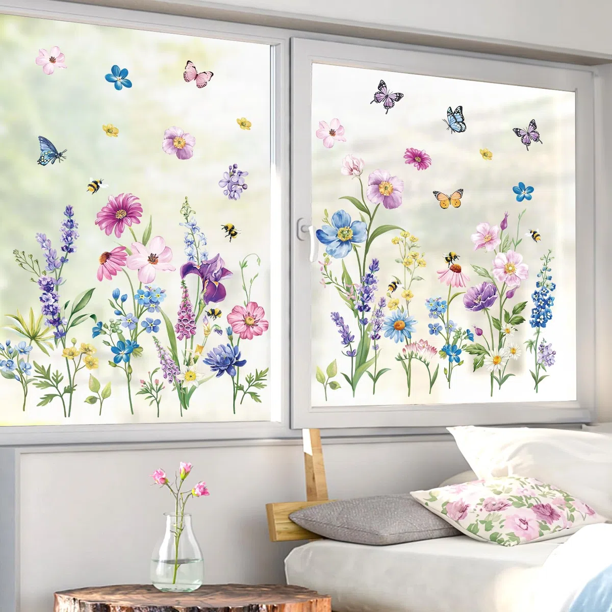 decalmile Pegatinas de Ventana Jardín de Flores Vinilos para Ventanas Flor Morado y Mariposas Anticolisión Vinilo No Adhesivo de Pegatinas Vidrio Ventana