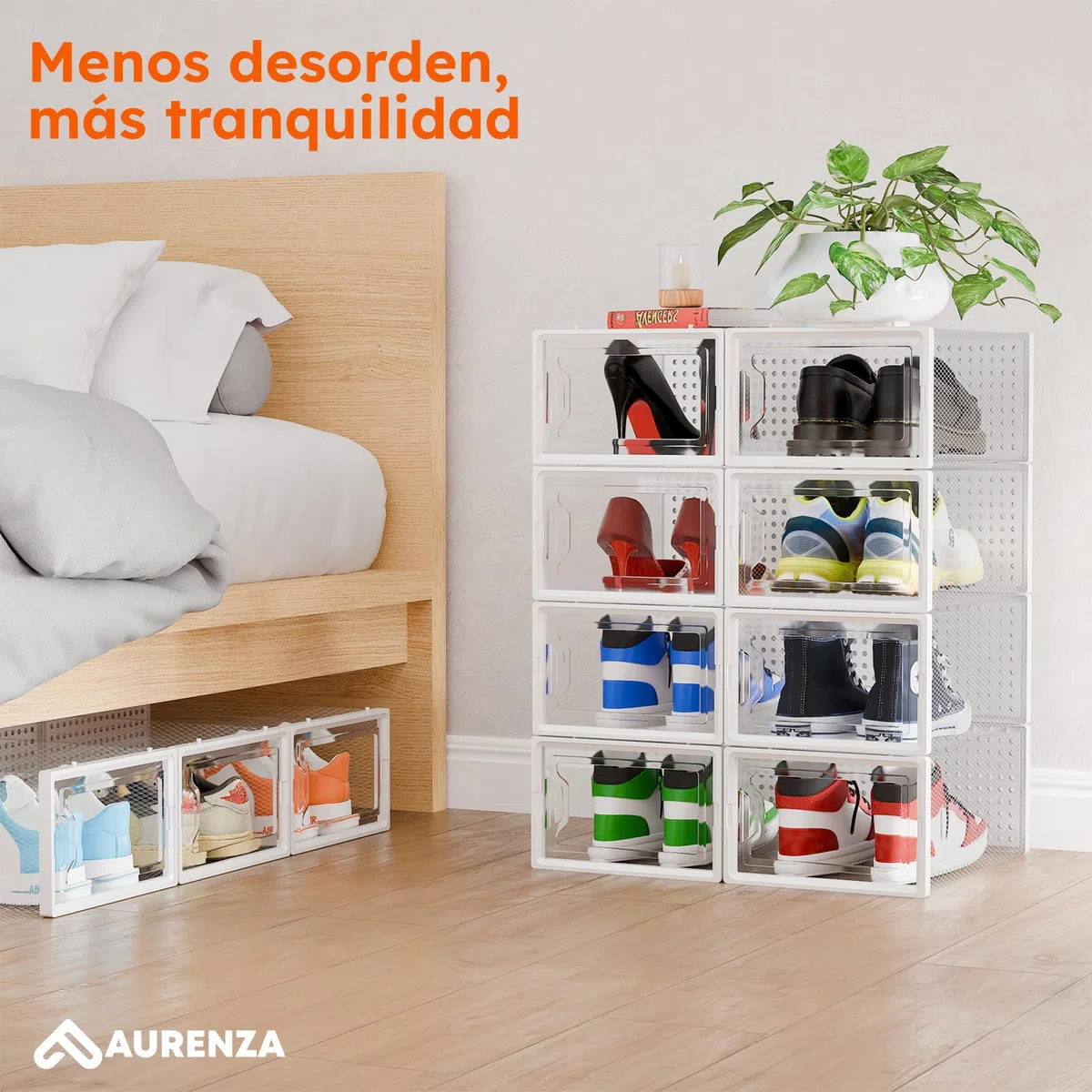 Cajas de Zapatos Transparentes Apilables – Pack 8 - Zapatero Plástico con Apertura Frontal, Ventilación y Sistema Antivuelco – Organizador de Zapatos de Fácil Montaje