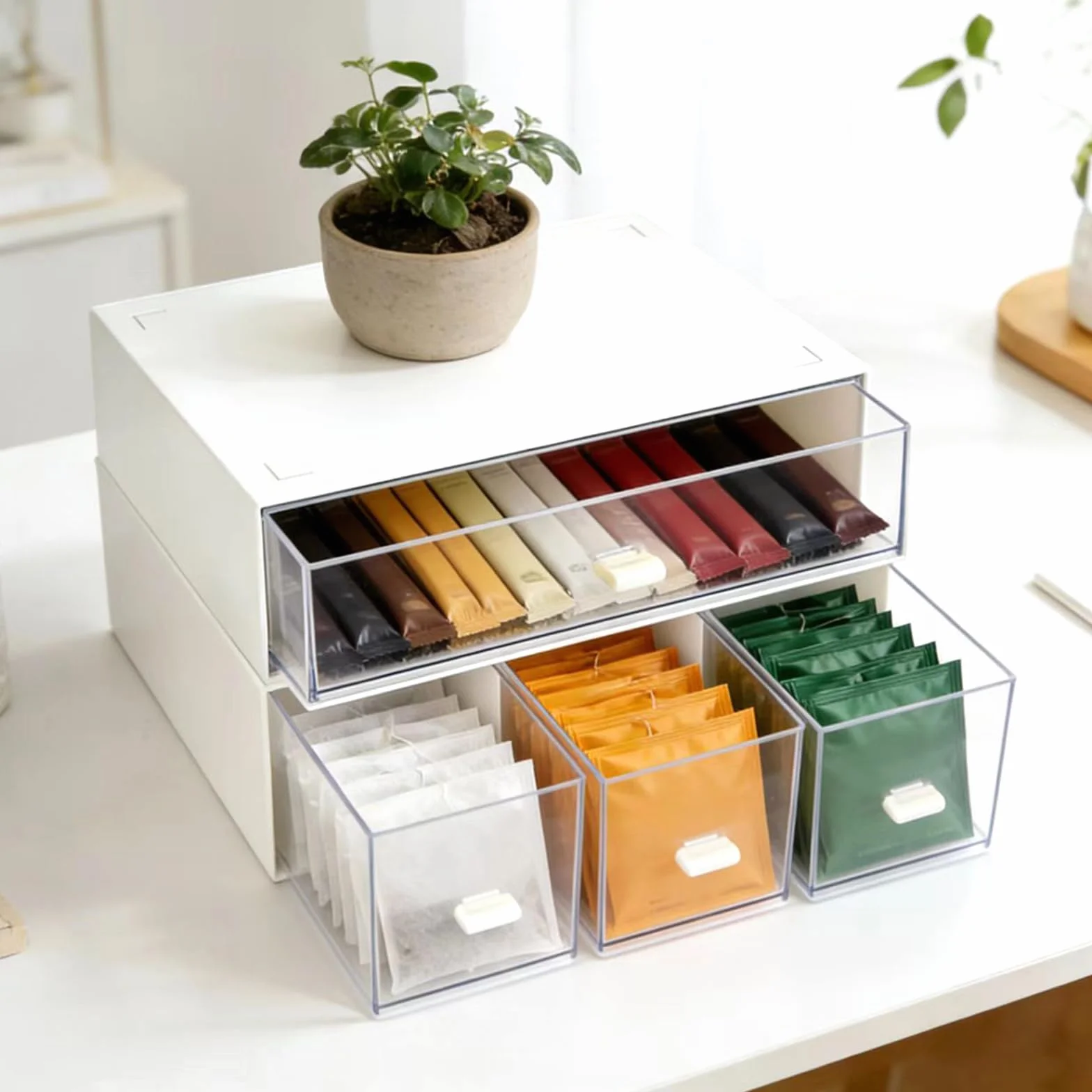 2 cajas de almacenamiento para bolsas de té, cajas de té de plástico para bolsas de té, cajones apilables, organizadores de cocina, cajas de bolsas de té para café, azúcar, especias