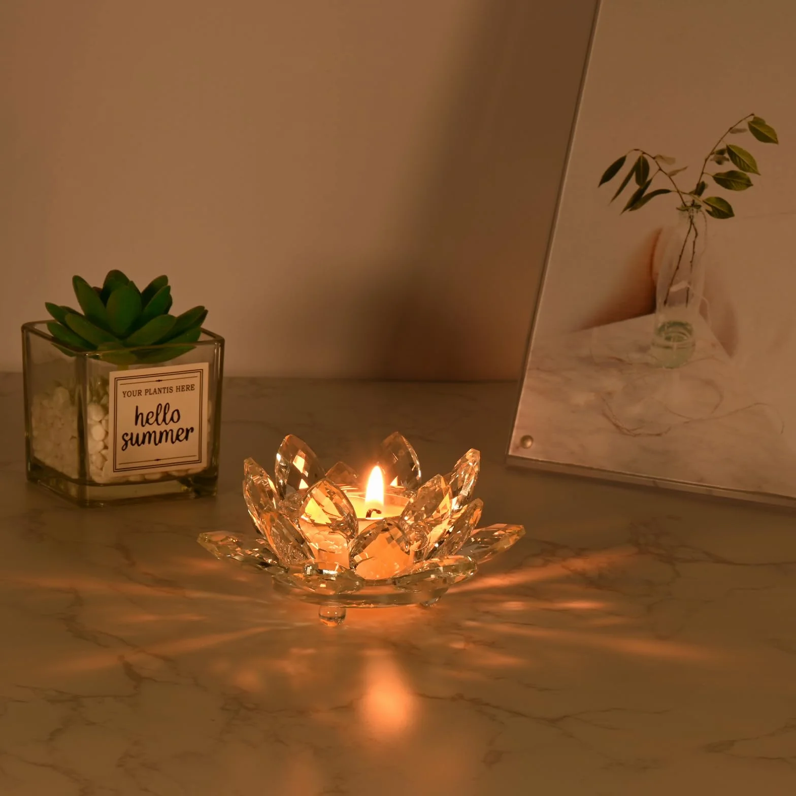 Porta Velas Cristal, Portavelas de Te de Flor de Loto, Portavelas Votivo de Cristal, Candle Holder de Vidrio para Decoración Navideña, Bodas y Fiestas en Casa (2)
